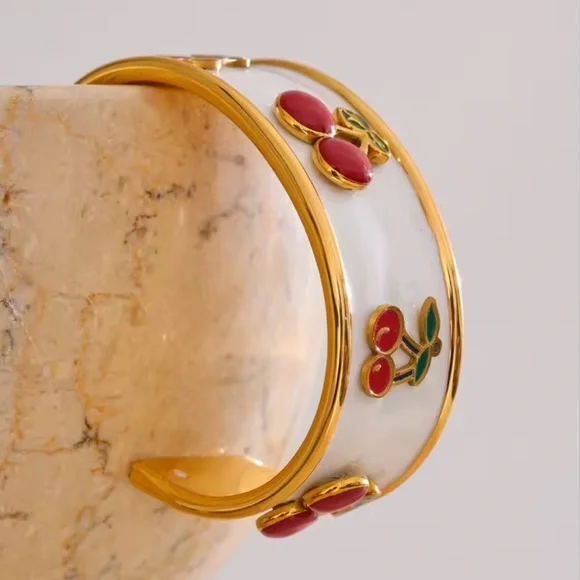 Red Cherry 18K Gold Stainless Steel Enamel Bangle Bracelet - Picture 7 of 8